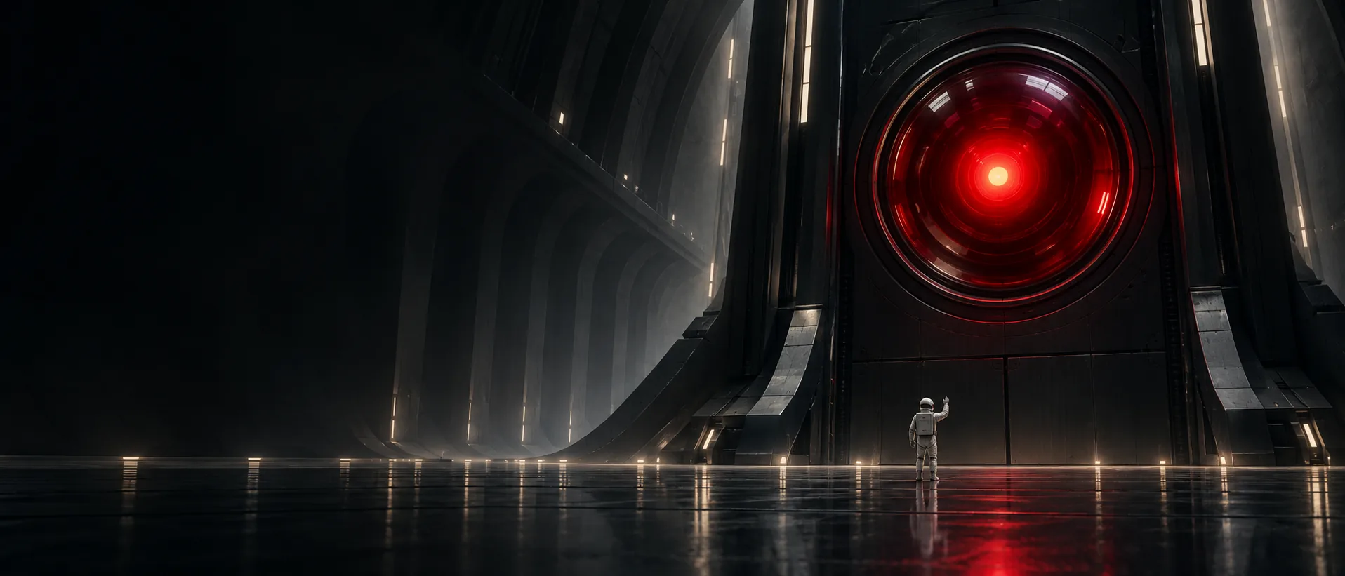 A lone astronaut raises a hand before a towering machine with a single glowing red eye.